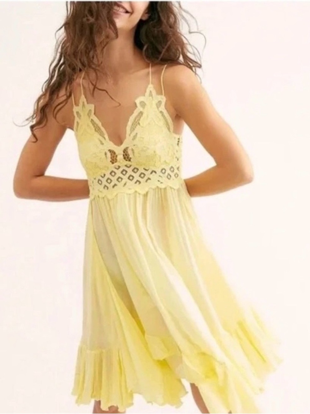 Free People Yellow Adela Ruffle Slip Lace Babydoll Mini Dress XS Spring